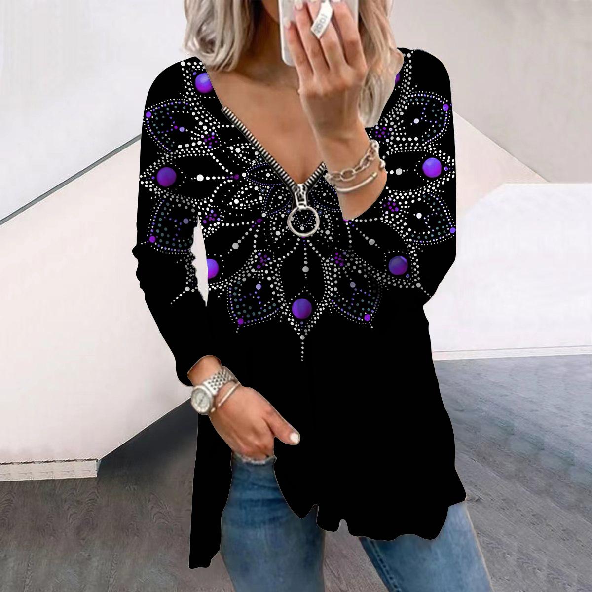 Damen Herbst T-Shirt mit Schneeflocken-Edelstein-Aufdruck, langärmelig, lockerer V-Ausschnitt, Übergröße, T-Shirt, Oberteile, bequeme Bluse 8XL violett von Joom DACH