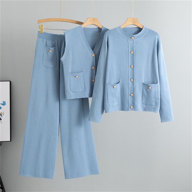 Damen Herbst Und Winter Weitbeinige Hosen Pulloverweste Dreiteiliges Set Weste Gestricktes Cardigan-Set One Size blau von Joom DACH