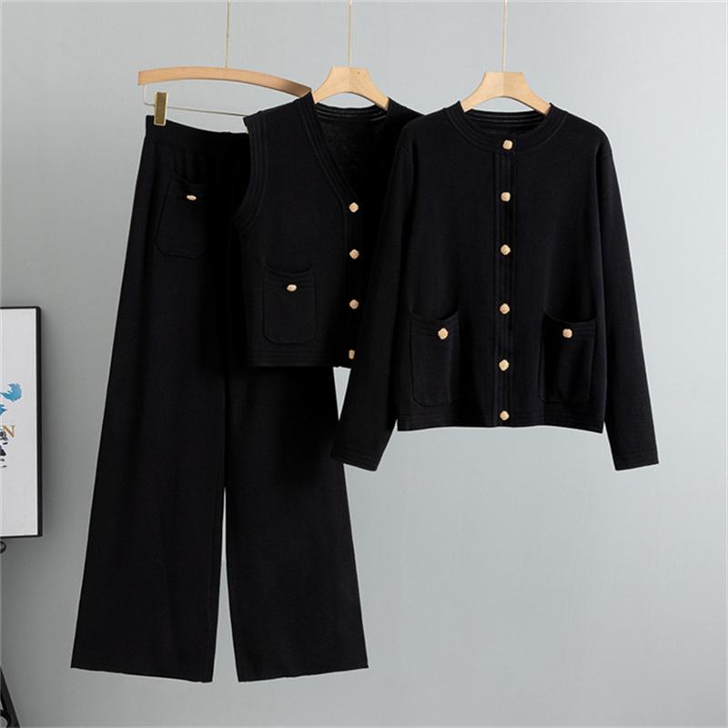 Damen Herbst Und Winter Weitbeinige Hosen Pulloverweste Dreiteiliges Set Weste Gestricktes Cardigan-Set One Size schwarz von Joom DACH