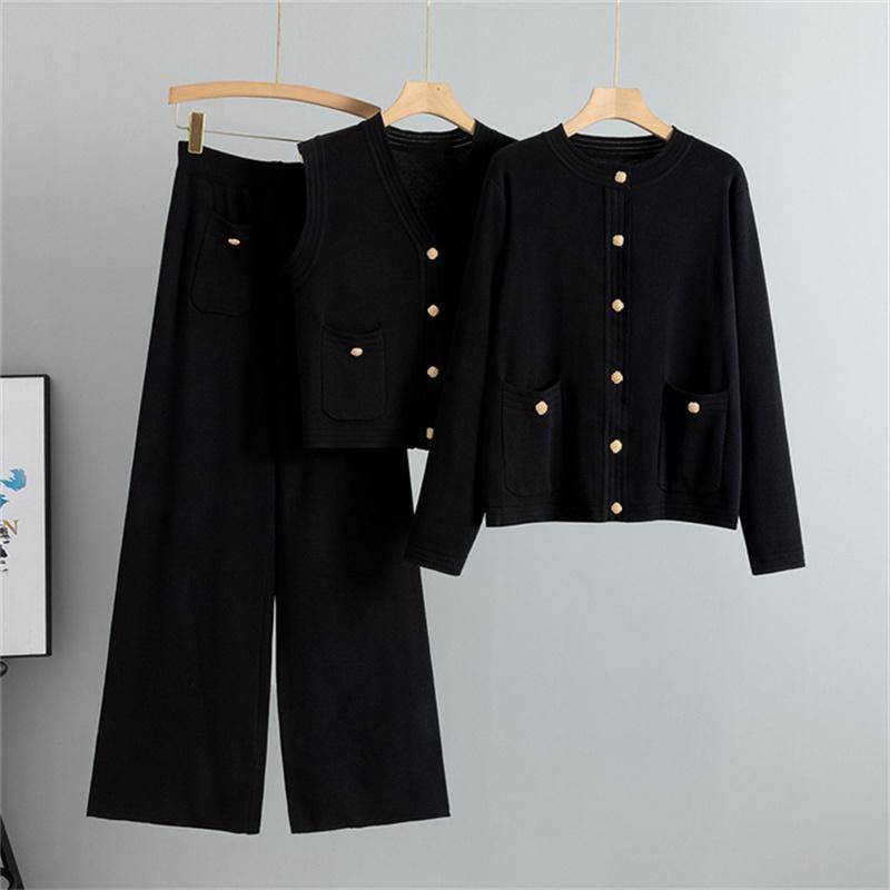 Damen Herbst Und Winter Weitbeinige Hosen Pulloverweste Dreiteiliges Set Weste Gestricktes Cardigan-Set One Size schwarz von Joom DACH