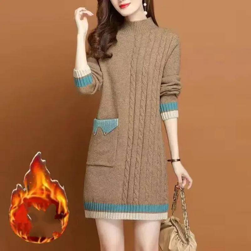 Damen Herbst Winter Dicke Mittellange Pendeln Lose Halb Hoher Kragen Patchwork Tasche Knopf Strickpullover Kleider XL von Joom DACH