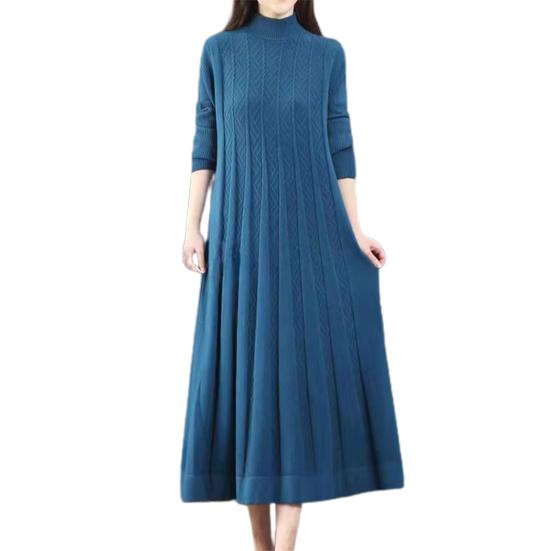 Damen Herbst Winter Kleid Strick A Linie Lockerer Saum Einfarbig Hoher Kragen Nackenschutz Dickes Warmes Langarm Plissee Midikleid Mittellanges blau von Joom DACH