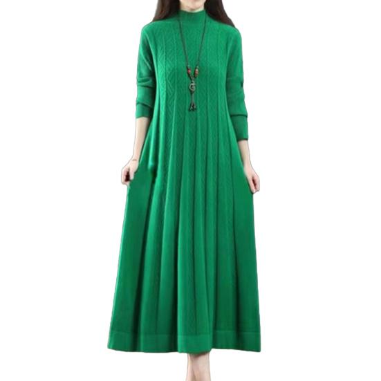 Damen Herbst Winter Kleid Strick A Linie Lockerer Saum Einfarbig Hoher Kragen Nackenschutz Dickes Warmes Langarm Plissee Midikleid Mittellanges grün von Joom DACH