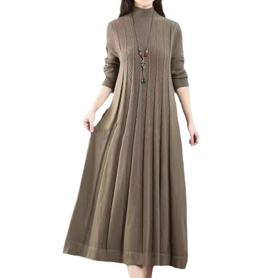 Damen Herbst Winter Kleid Strick A Linie Lockerer Saum Einfarbig Hoher Kragen Nackenschutz Dickes Warmes Langarm Plissee Midikleid Mittellanges khaki von Joom DACH