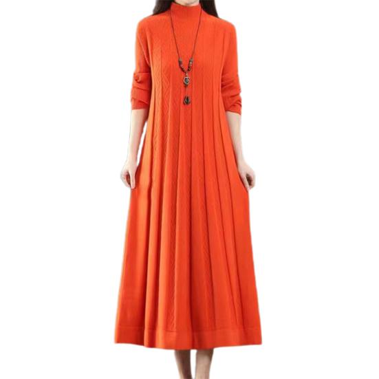 Damen Herbst Winter Kleid Strick A Linie Lockerer Saum Einfarbig Hoher Kragen Nackenschutz Dickes Warmes Langarm Plissee Midikleid Mittellanges orange von Joom DACH