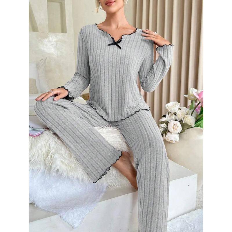 Damen Herbst Winter Nachtwäsche Geripptes Pyjama-Set Langarm-Oberteil und Lange Hose 2-teiliges Set Lässige Homewear Loungewear S von Joom DACH