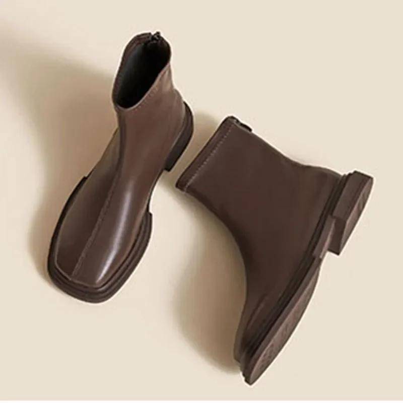 Damen Herbst Winter Stiefel Retro Eckige Zehenpartie Stiefeletten für Damen Mode Chelsea Niedrige Absätze Plateau Damenschuhe Kurz Botas 40 braun von Joom DACH