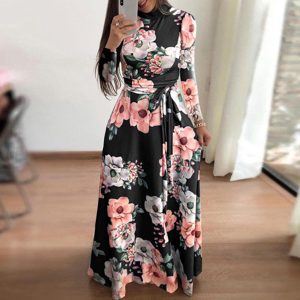 Damen Herbst bedrucktes Langarm-Maxikleid XL schwarz von Joom DACH