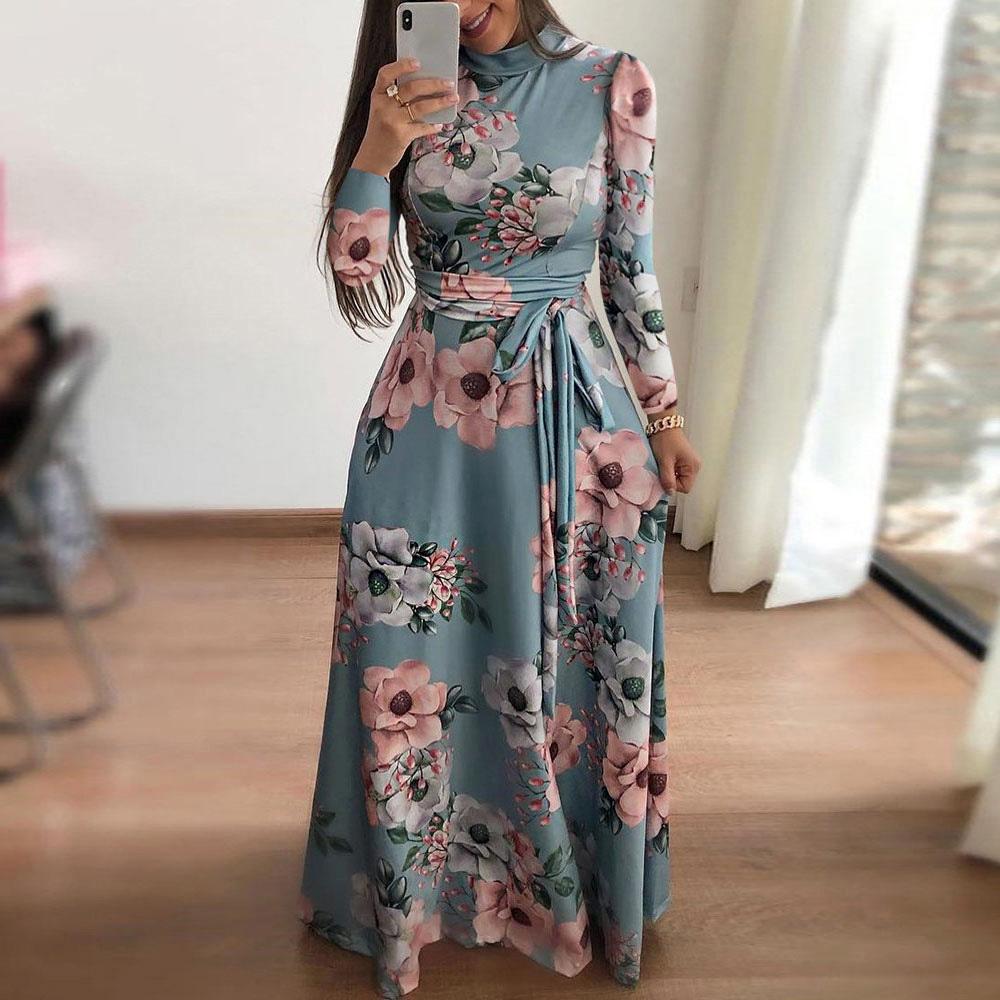 Damen Herbst bedrucktes Langarm-Maxikleid XXL hellblaue von Joom DACH