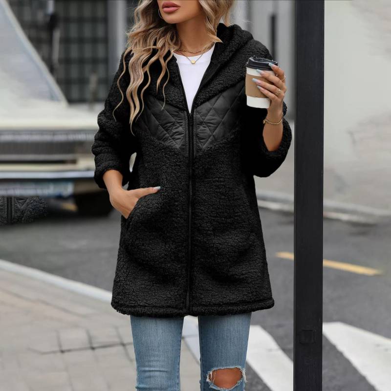 Damen Herbst- und Winter-Cardigan Kapuze Mittellang Reißverschluss Locker Plüschjacke Weiblich S schwarz von Joom DACH