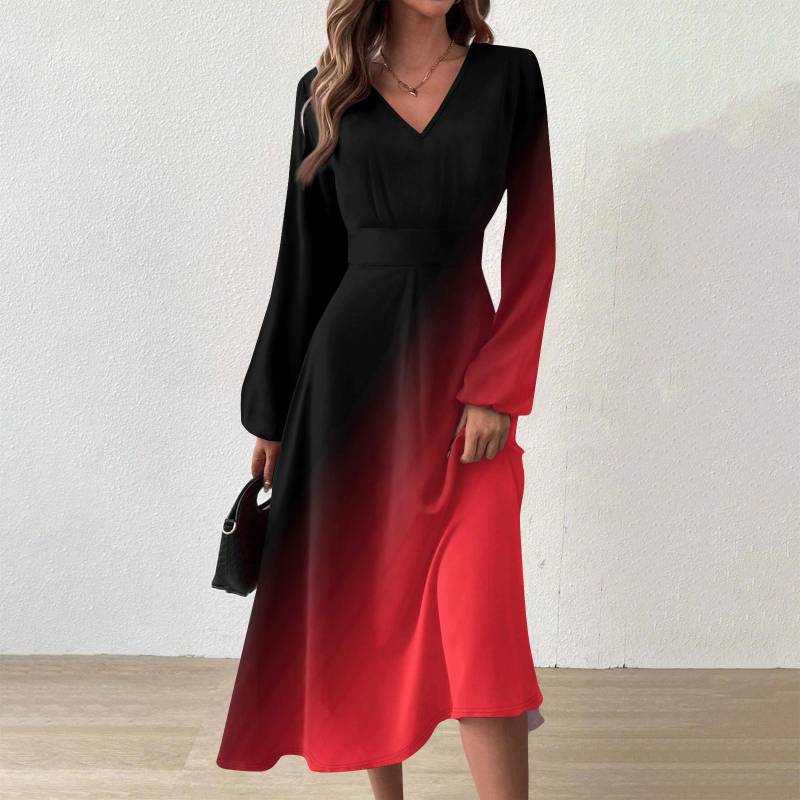 Damen Herbst und Winter Casual Fashion V-Ausschnitt Langarm Print Langes Kleid XXL rot von Joom DACH