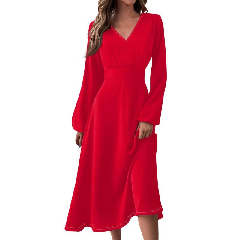 Damen Herbst und Winter Casual Fashion V-Ausschnitt Langarm Volltonfarbe Langes Kleid M rot von Joom DACH