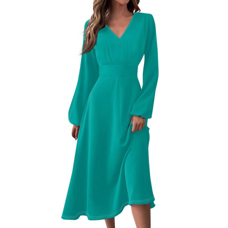 Damen Herbst und Winter Casual Fashion V-Ausschnitt Langarm Volltonfarbe Langes Kleid XXL cyanblau von Joom DACH