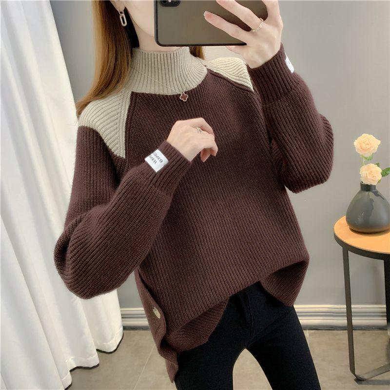 Damen Herbst und Winter Colorblock Rollkragenpullover Locker Modisch Vielseitig Basis Strick 2XL kaffeebraun von Joom DACH