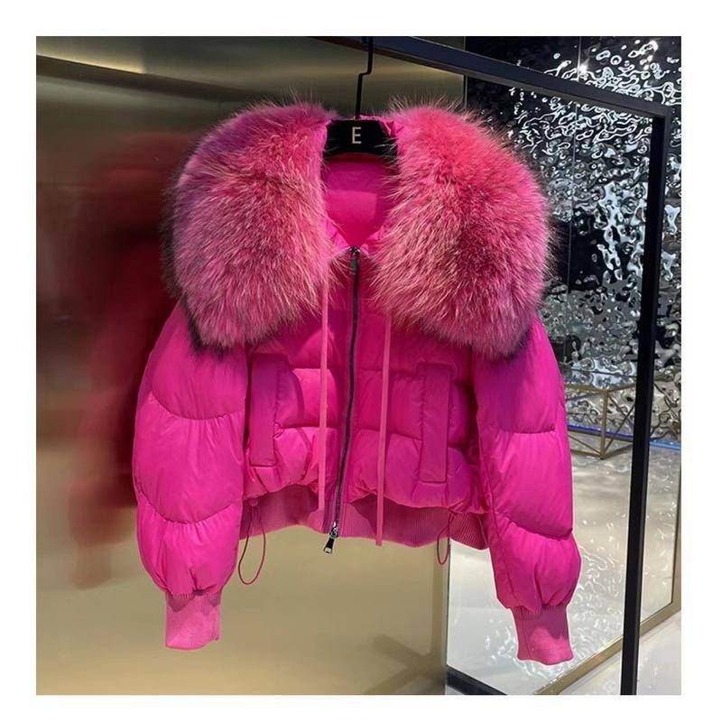 Damen-Herbst- und Winter-High-End-Daunenjacke mit Waschbär-Pelzkragen, lockere kurze Jacke L persische rosa von Joom DACH