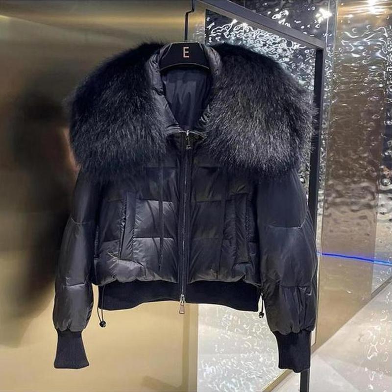 Damen-Herbst- und Winter-High-End-Daunenjacke mit Waschbär-Pelzkragen, lockere kurze Jacke L von Joom DACH
