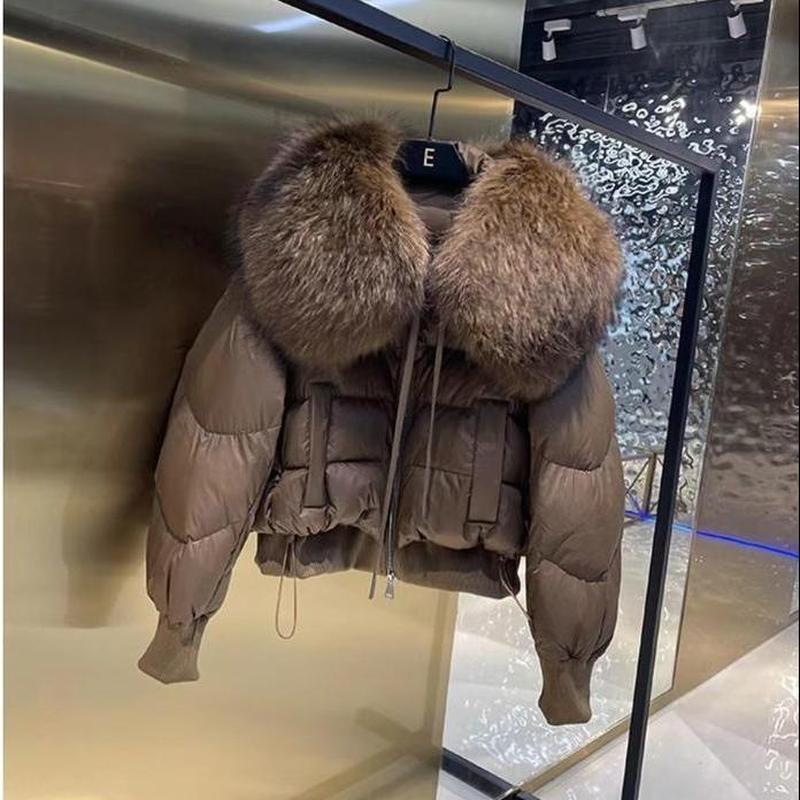 Damen-Herbst- und Winter-High-End-Daunenjacke mit Waschbär-Pelzkragen, lockere kurze Jacke L von Joom DACH