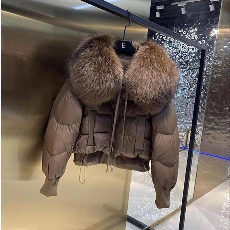 Damen-Herbst- und Winter-High-End-Daunenjacke mit Waschbär-Pelzkragen, lockere kurze Jacke L kaffeebraun von Joom DACH