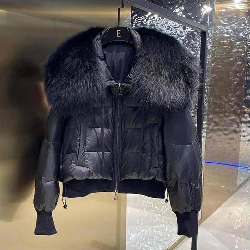 Damen-Herbst- und Winter-High-End-Daunenjacke mit Waschbär-Pelzkragen, lockere kurze Jacke M schwarz von Joom DACH