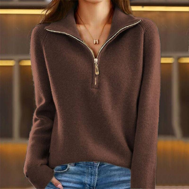 Damen Herbst und Winter Lässiger einfarbiger Langarm-Strickpullover mit Reißverschluss M kaffeebraun von Joom DACH