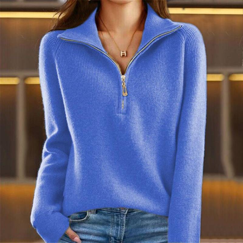 Damen Herbst und Winter Lässiger einfarbiger Langarm-Strickpullover mit Reißverschluss XL blau von Joom DACH