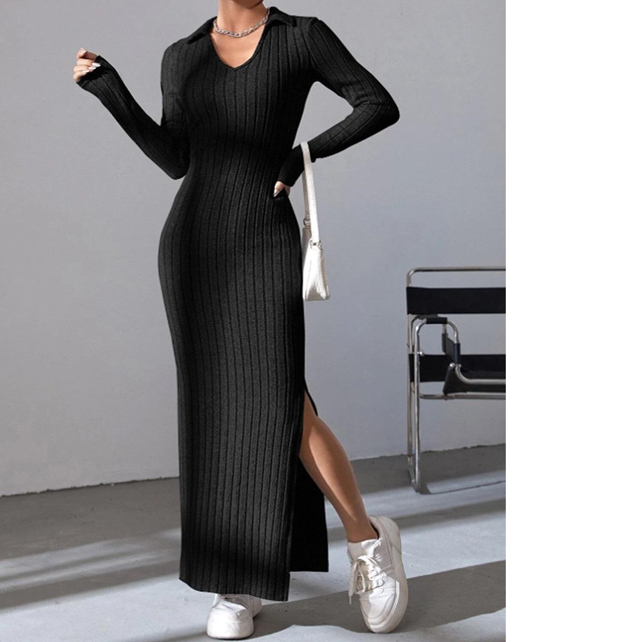 Damen Herbst und Winter Stil Gestrickt Schlank Revers Langarm Kleid Nadelstreifen Einfarbig Engen Rock 2XL schwarz von Joom DACH