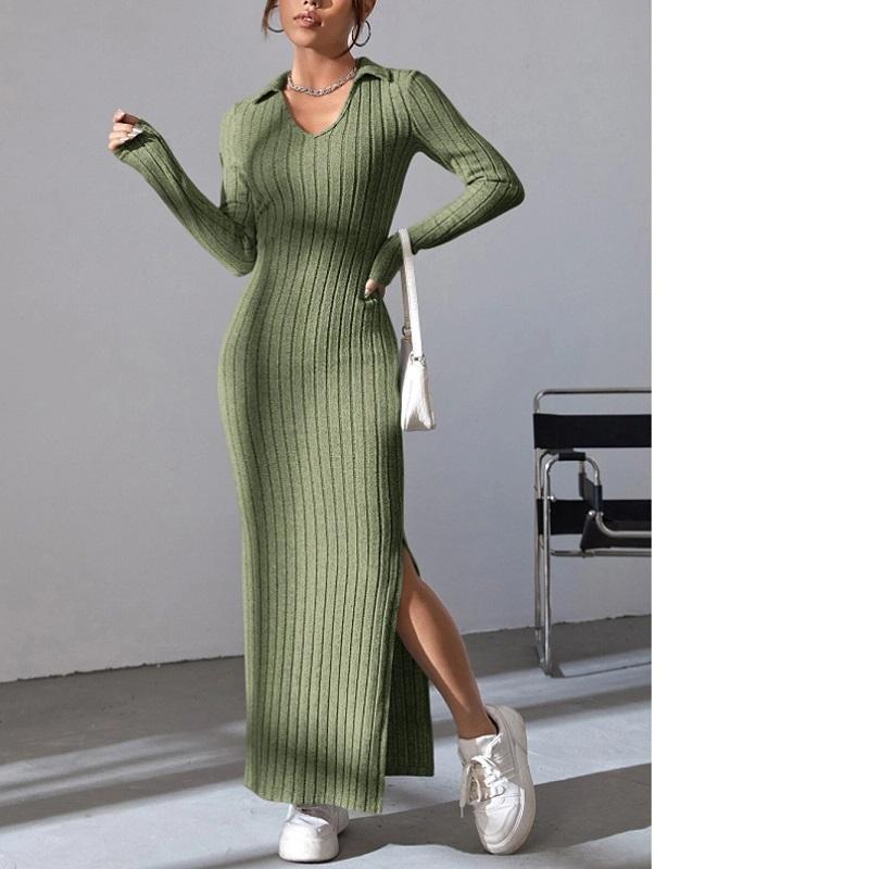 Damen Herbst und Winter Stil Gestrickt Schlank Revers Langarm Kleid Nadelstreifen Einfarbig Engen Rock 2XL von Joom DACH