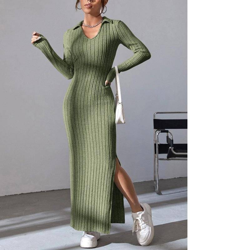 Damen Herbst und Winter Stil Gestrickt Schlank Revers Langarm Kleid Nadelstreifen Einfarbig Engen Rock 2XL von Joom DACH