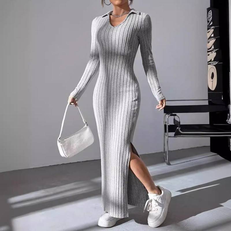 Damen Herbst und Winter Stil Gestrickt Schlank Revers Langarm Kleid Nadelstreifen Einfarbig Engen Rock L grau von Joom DACH