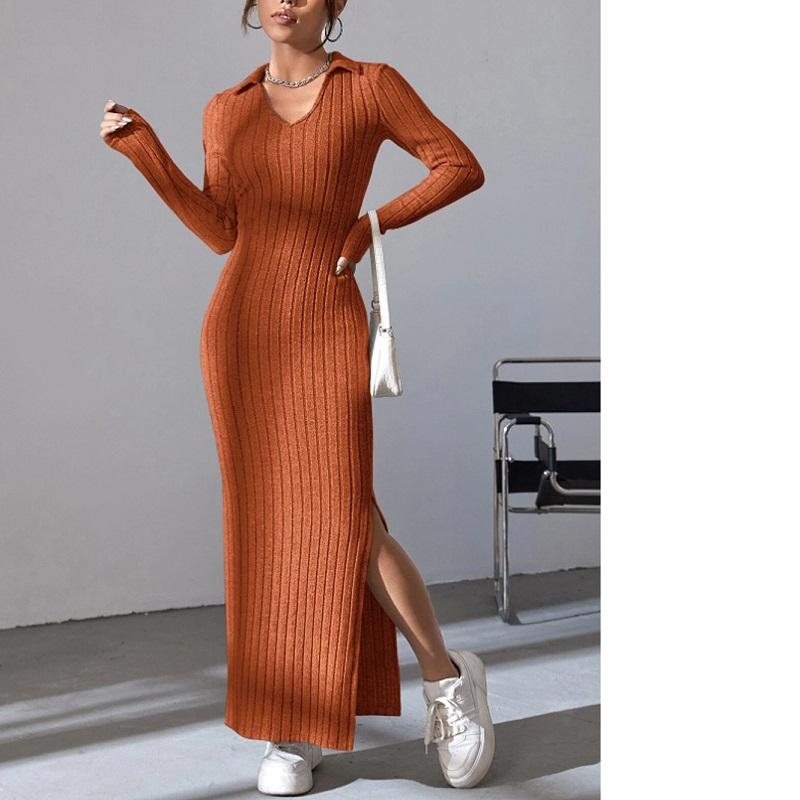 Damen Herbst und Winter Stil Gestrickt Schlank Revers Langarm Kleid Nadelstreifen Einfarbig Engen Rock M von Joom DACH