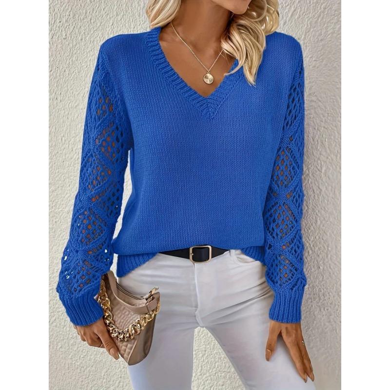 Damen Herbst und Winter Strickpullover mit ausgehöhltem Langarm und V-Ausschnitt L blau von Joom DACH