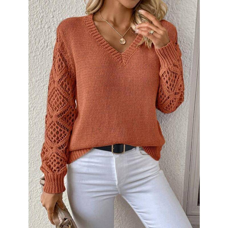 Damen Herbst und Winter Strickpullover mit ausgehöhltem Langarm und V-Ausschnitt M orange von Joom DACH