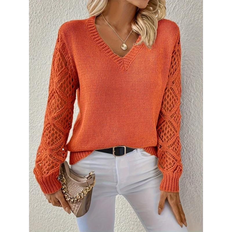 Damen Herbst und Winter Strickpullover mit ausgehöhltem Langarm und V-Ausschnitt S orange/rot von Joom DACH