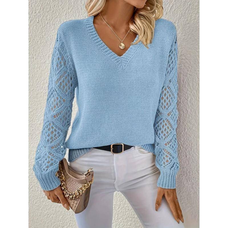 Damen Herbst und Winter Strickpullover mit ausgehöhltem Langarm und V-Ausschnitt S himmelblaue von Joom DACH
