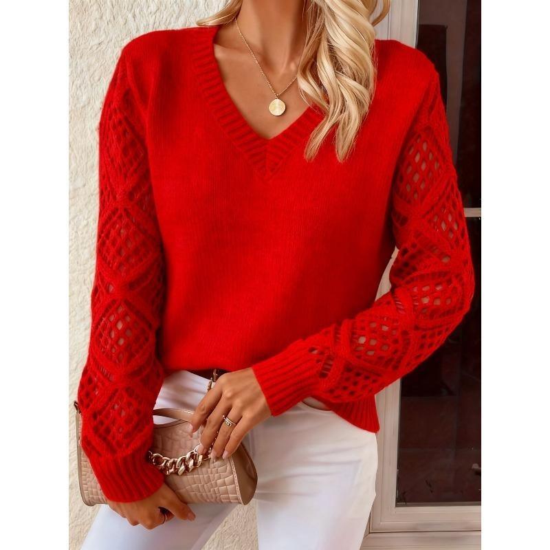 Damen Herbst und Winter Strickpullover mit ausgehöhltem Langarm und V-Ausschnitt XL von Joom DACH