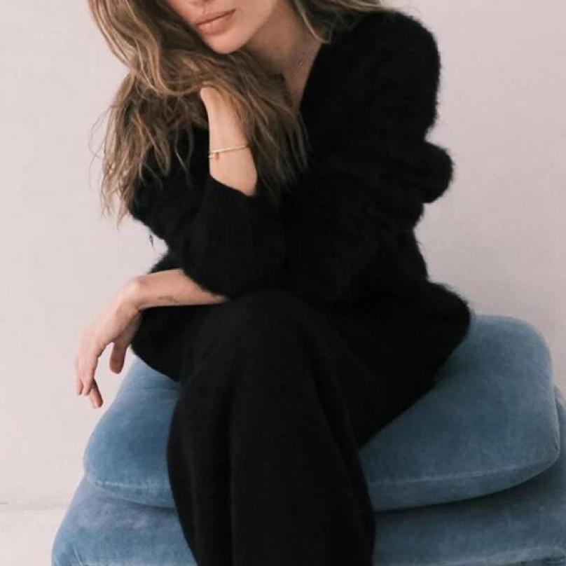 Damen Herbst und Winter V-Ausschnitt Strick Lockere einfarbige Strickjacke L von Joom DACH