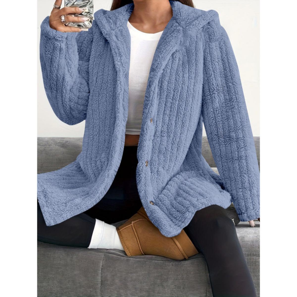 Damen Herbst- und Winterjacke einfarbig langärmlig mit Kapuze locker plüschig für Damen 3XL blau von Joom DACH