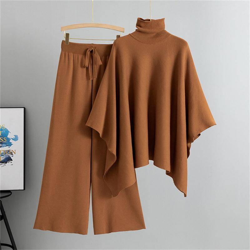 Damen Herbst- und Wintermode Zweiteiliges Set Rollkragen Cape Strickpullover Weitbeinige Hose Temperamentvolles Set One Size von Joom DACH