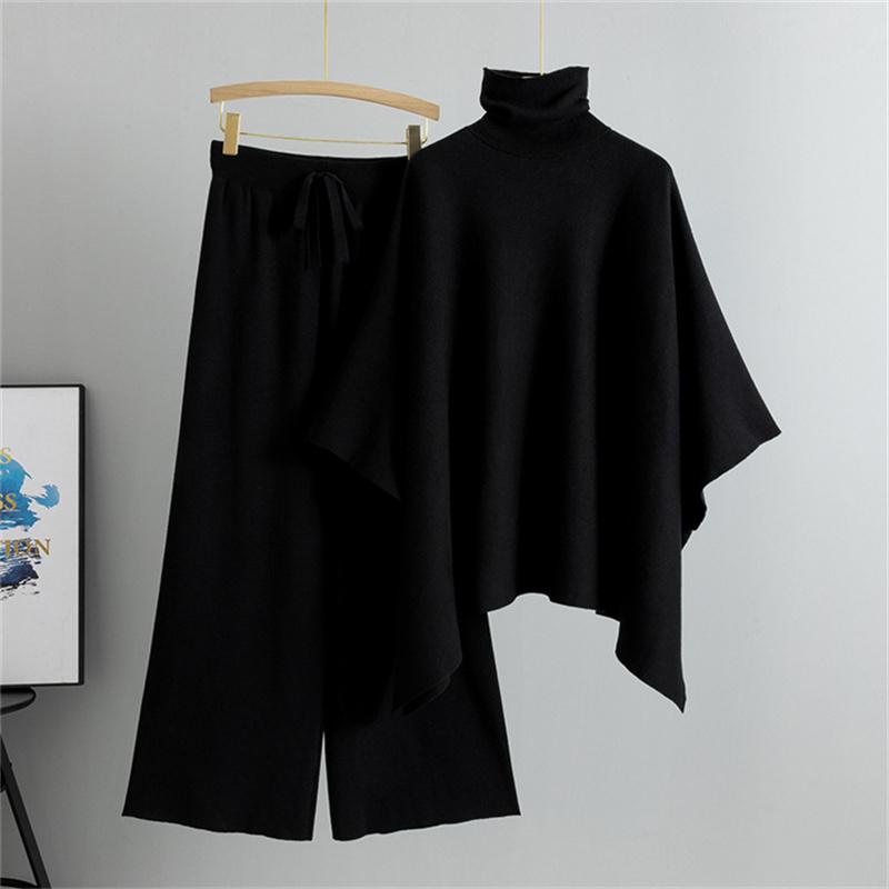 Damen Herbst- und Wintermode Zweiteiliges Set Rollkragen Cape Strickpullover Weitbeinige Hose Temperamentvolles Set One Size schwarz von Joom DACH