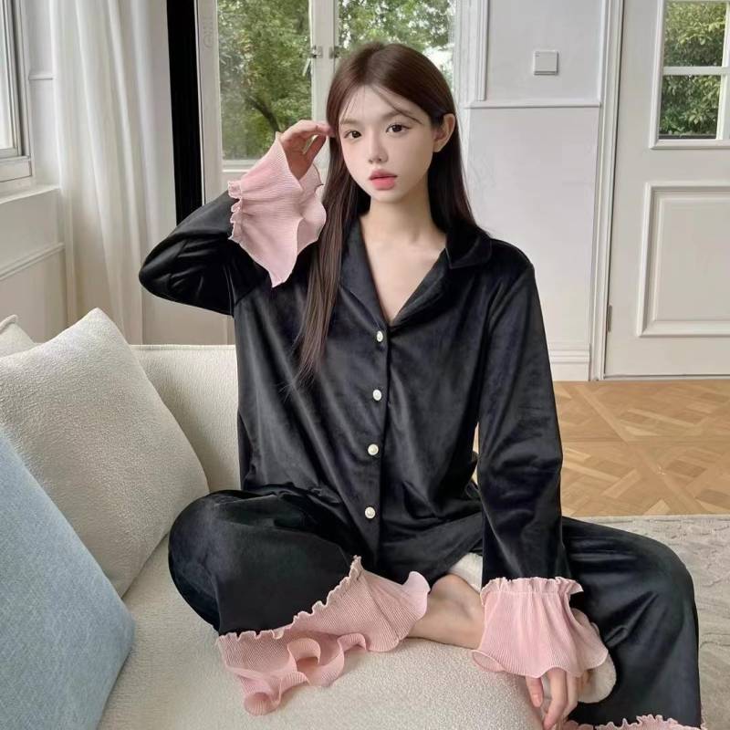 Damen Herbst- und Winterpyjama Luxus-Pyjama Samtpyjama Rüschenoberteil und -hose 2-teiliges Pyjama-Set Samt Leopardenmuster Loungewear XL schwarz von Joom DACH