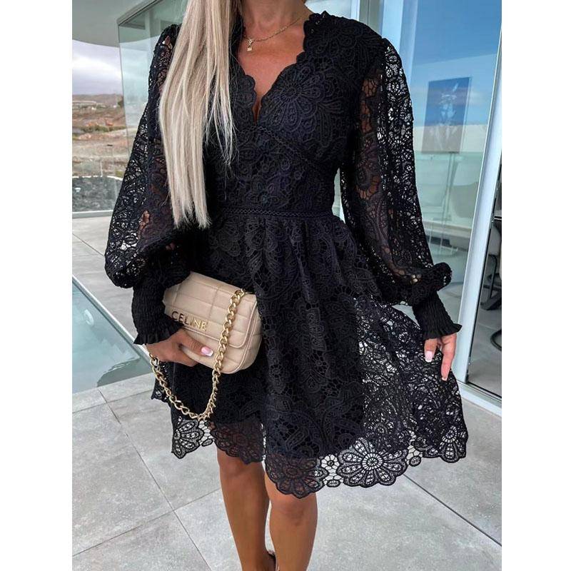 Damen Herbstkleid Spitze Durchbrochenes A-Linien-Kleid Mit Lockerem Saum V-förmiges Kleid L schwarz von Joom DACH