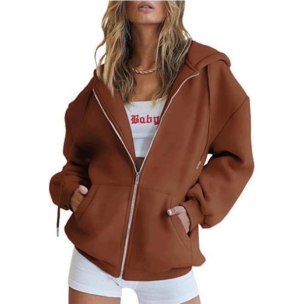 Damen Herbstmode Reißverschluss-Hoodie Langarm Kapuzen-Pullover Sweatshirt Lässig Einfarbig Oberteile mit Taschen XXXL braun von Joom DACH