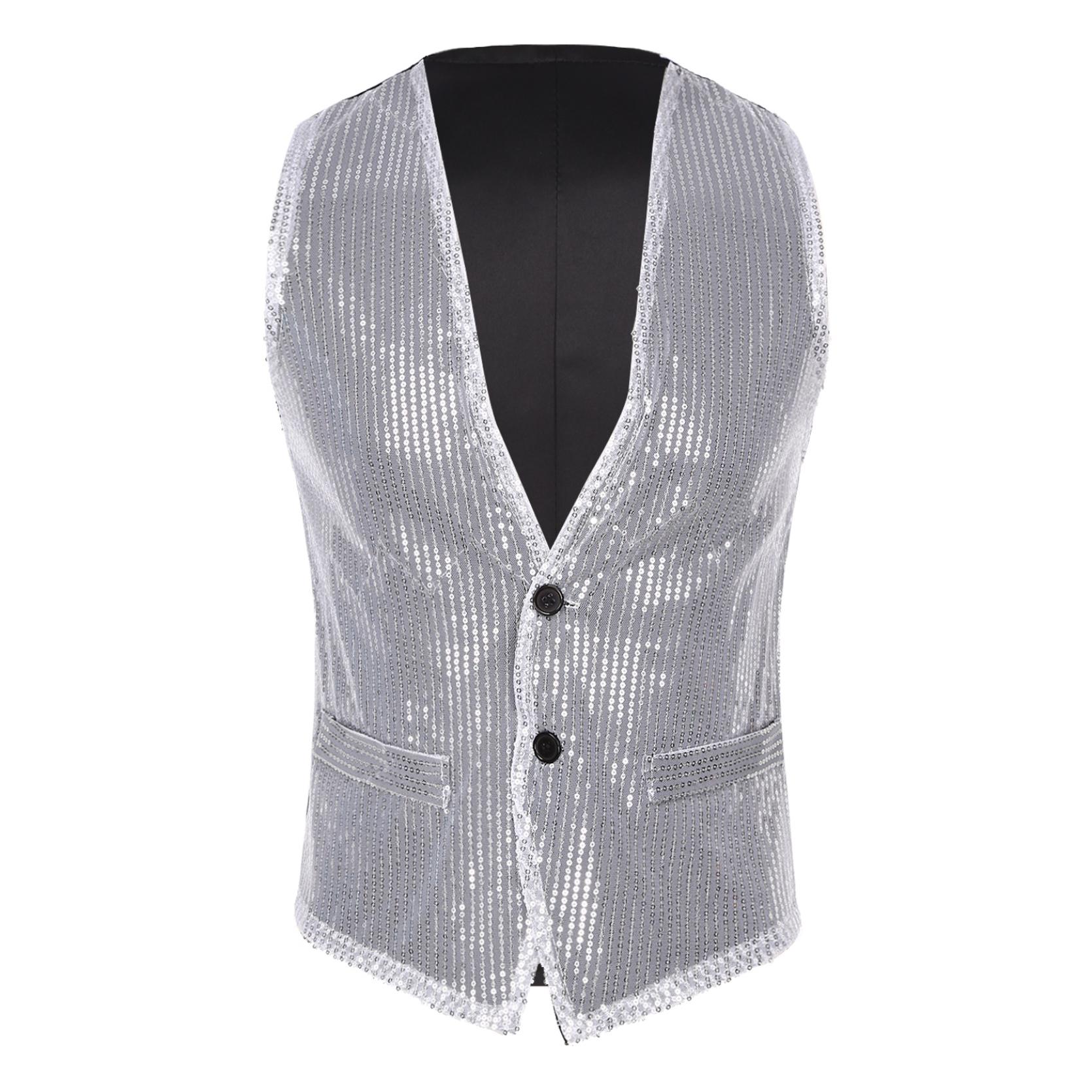 Damen Herren Shiny Pailletten Schal Smoking Anzug Blazer Hochzeit Party Abschlussball Glitzer Anzug Jacke DJ Club Bühne Blazer Weste M silber von Joom DACH