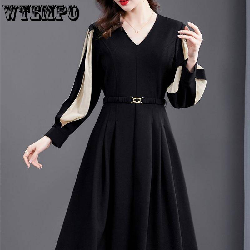 Damen High-End V-Ausschnitt Laternenärmel A-Linien Kleid Frühling Chic Elegant Kontrastfarben Spleißen Langarm Gürtel Midilange Kleider XXXXL schwarz von Joom DACH