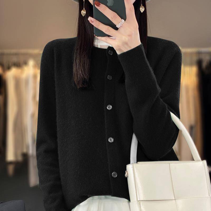 Damen High-End Woll-Cardigan - Rundhalsausschnitt, Langarm, Vielseitiger Strickpullover, Ready-to-Wear Herbst/Winter Übermantel S (90-100 jin) von Joom DACH