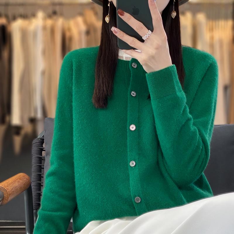 Damen High-End Woll-Cardigan - Rundhalsausschnitt, Langarm, Vielseitiger Strickpullover, Ready-to-Wear Herbst/Winter Übermantel XL (125-135 jin) von Joom DACH