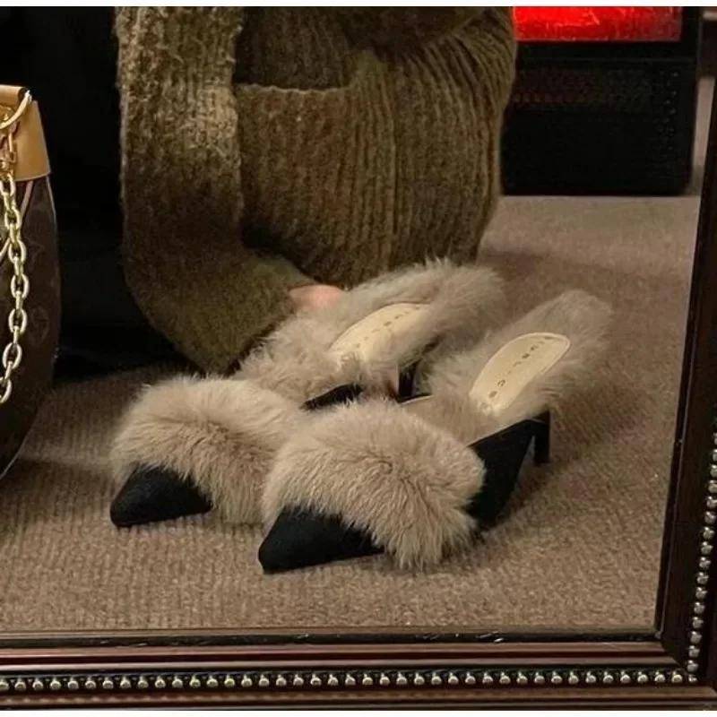 Damen High Heels Pelz Hausschuhe Pantoletten Spitzschuh Pelzige Slides Mode Elegante Luxus Designer Flip Flops Büro Pumps 37 schwarz von Joom DACH