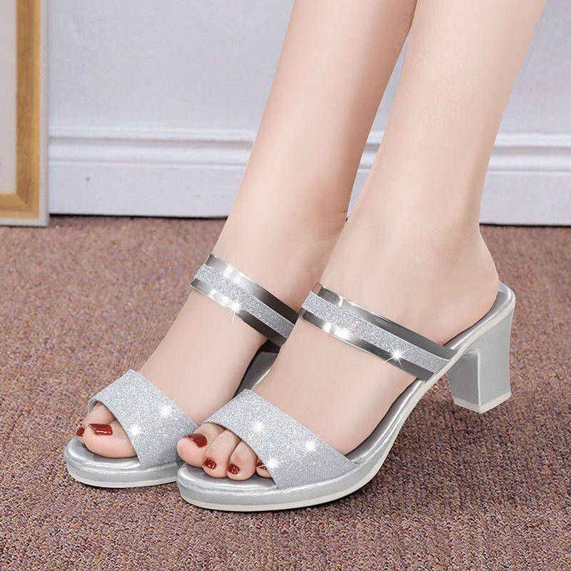 Damen High Heels aus Paillettenstoff mit Schnalle, coole High Heels, Sommer, lässig, offene Zehen, High Heels, Damen High Heels 40 silber von Joom DACH