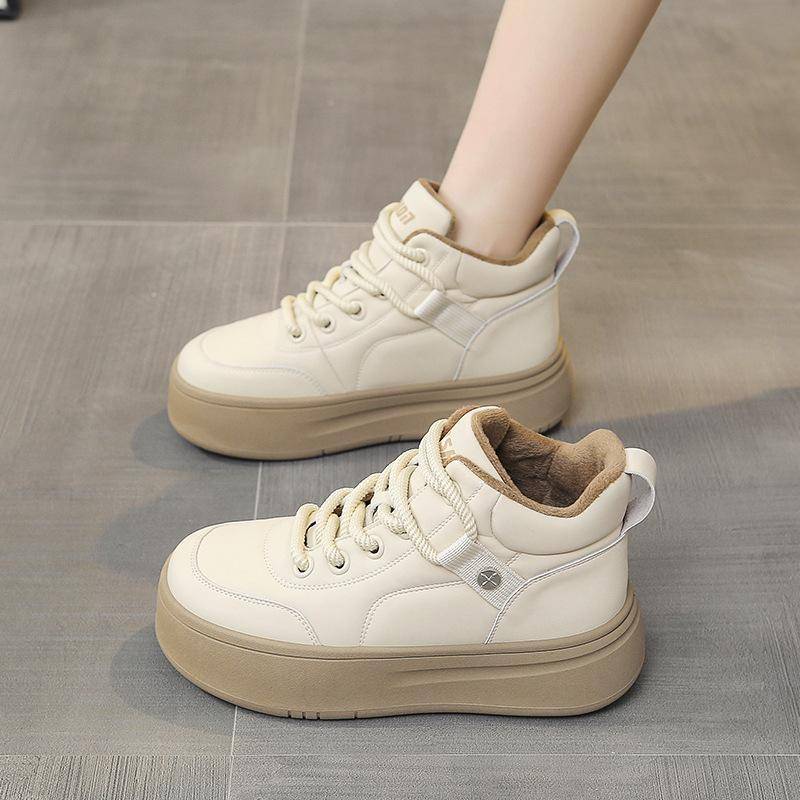 Damen High Top Vulkanisierte Schuhe Herbst Winter Schnürschuhe Weiches Leder Plus Samt Warme Baumwollschuhe Dicke Sohle Freizeit-Sneakers 35 beige von Joom DACH