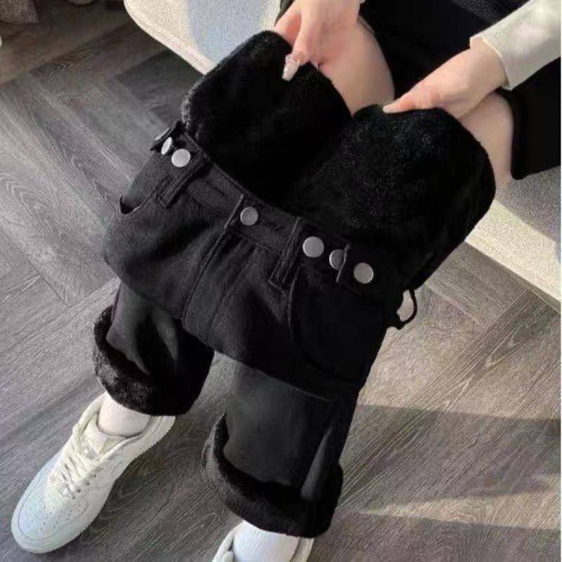 Damen High Waist Wide Leg Jeans Winter Verdickt Fleecegefüttert Locker Gerade Lange Hosen Warm Lässig Denimhosen M schwarz von Joom DACH